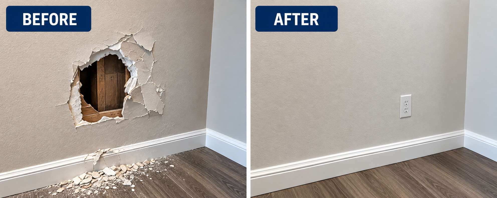 Before and after comparison of a damaged wall and finished drywall repair